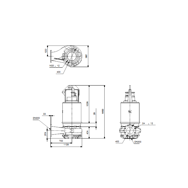 Погружной канализационный насос Grundfos S2.140.300.350.8.66M.H.438.G.N.D.513 артикул 96785337 – габаритный чертеж